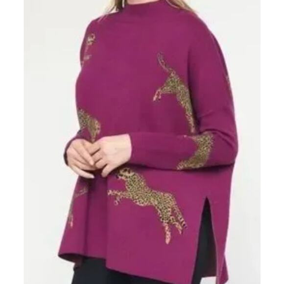 Entro Knit Sweater with Side Slit Purple Leopard Print L NWT - Picture 9 of 10
